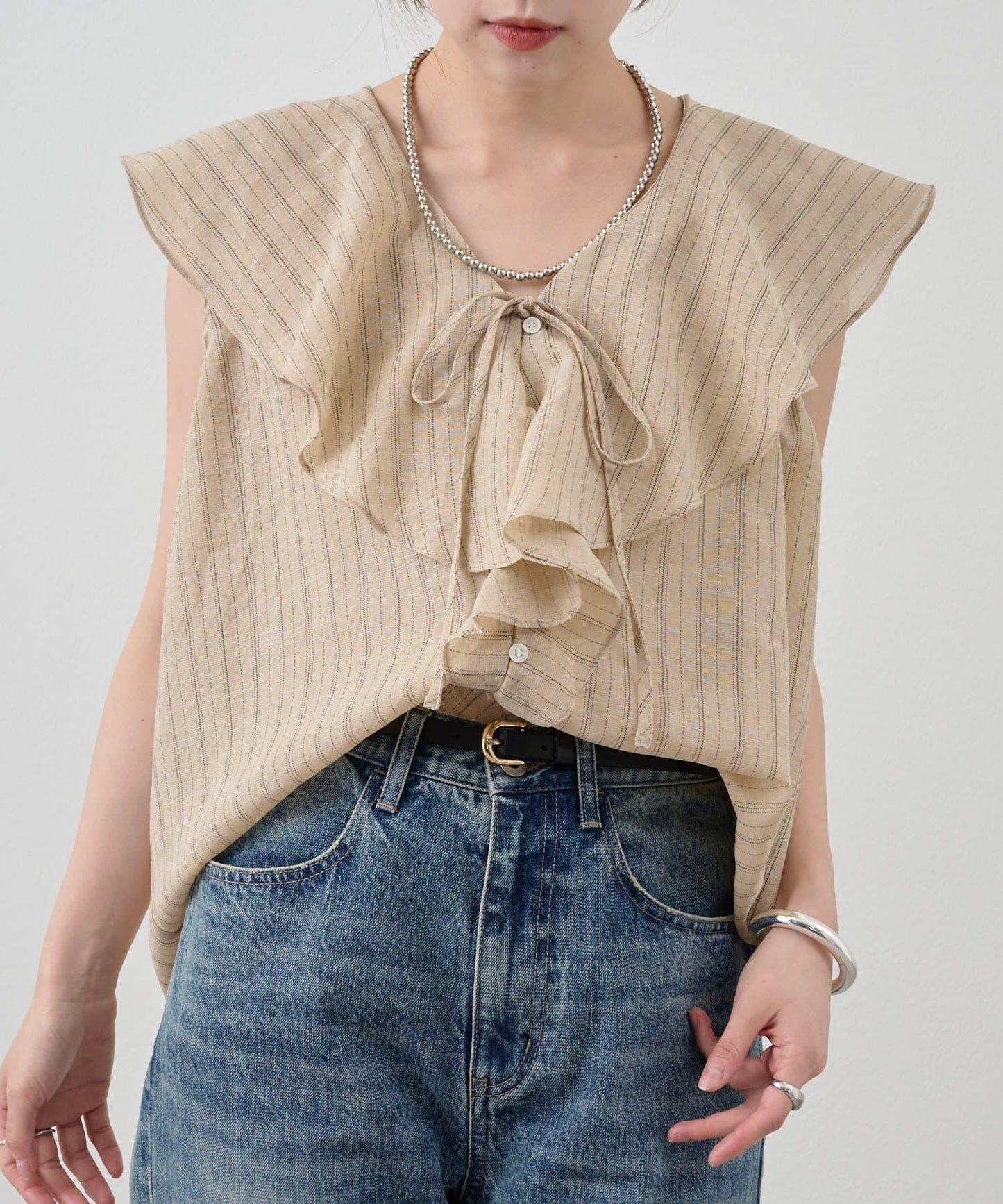 SHENERY 條紋荷葉領襯衫