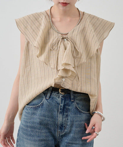 SHENERY 條紋荷葉領襯衫