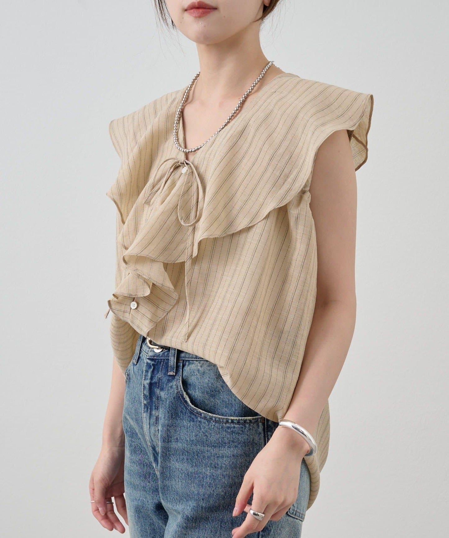 SHENERY 條紋荷葉領襯衫