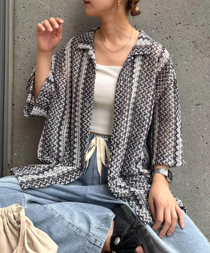 蕾絲透視條紋寬鬆襯衫