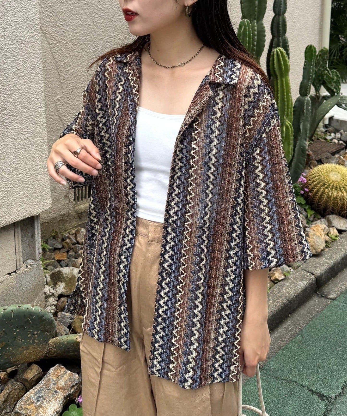 蕾絲透視條紋寬鬆襯衫