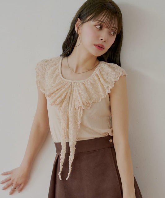 Chico 蕾絲設計 落肩無袖 羅紋T恤