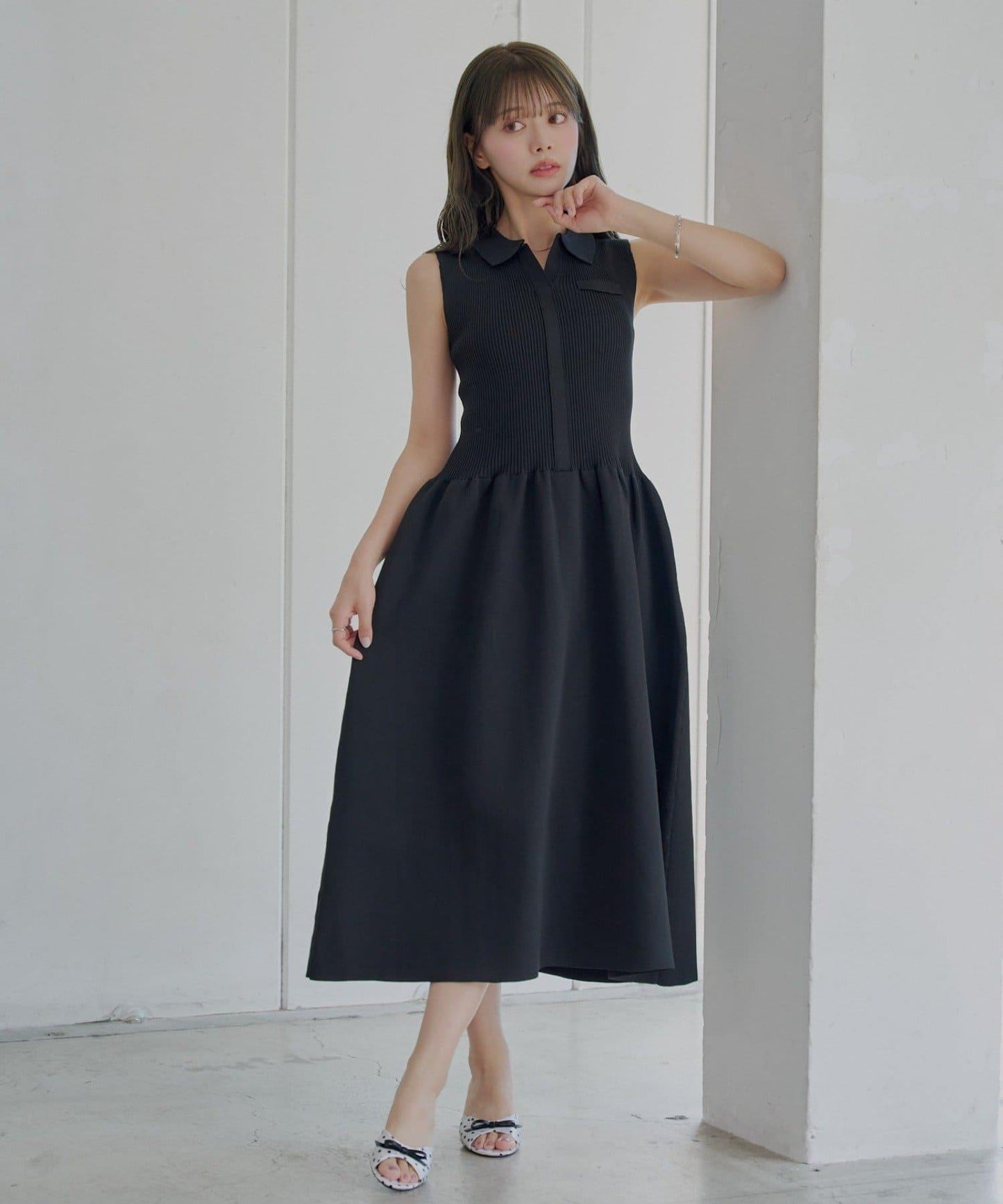 Chico 帶領拼接傘擺連衣裙