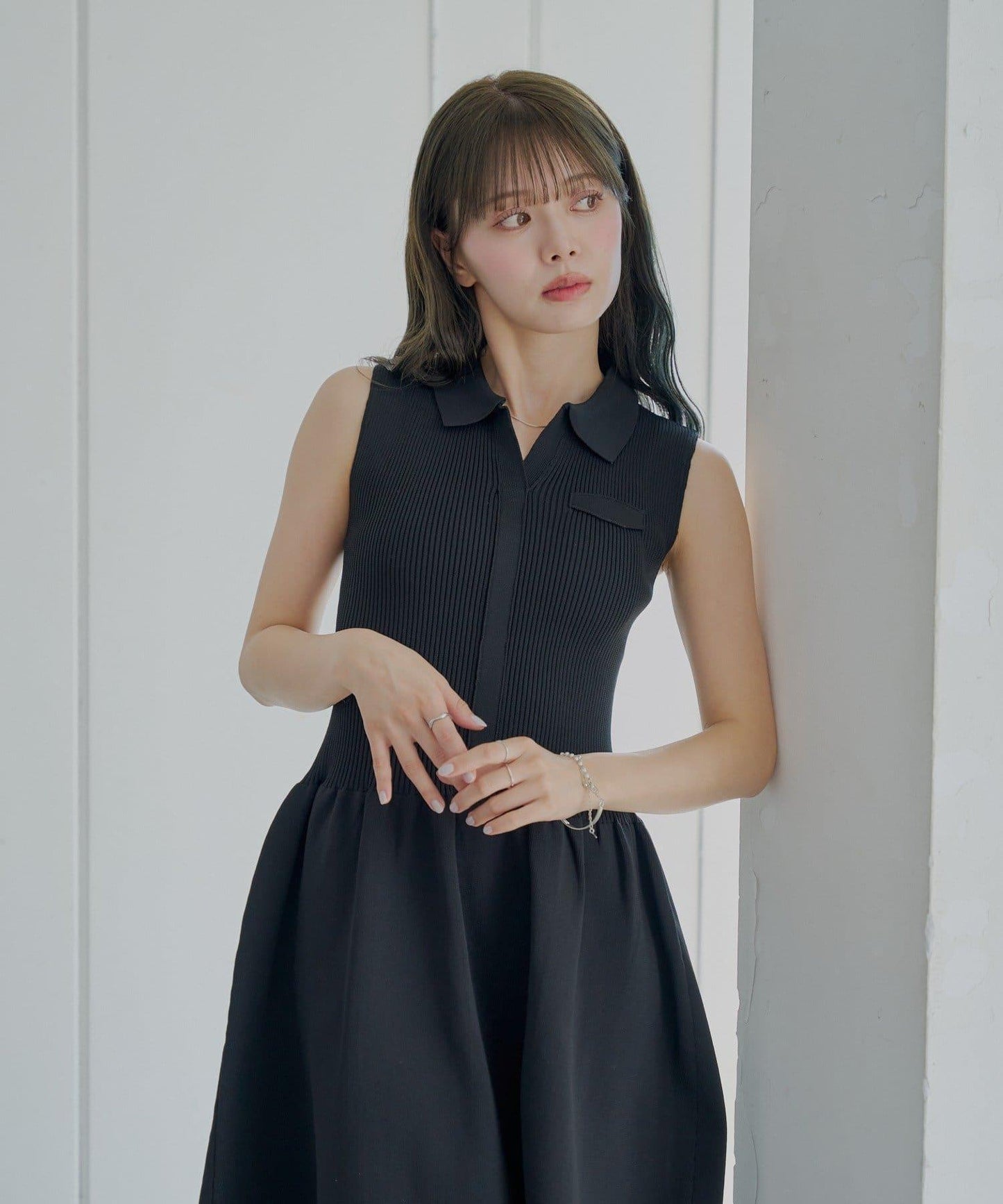 Chico 帶領拼接傘擺連衣裙