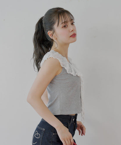 Chico 蕾絲設計 落肩無袖 羅紋T恤