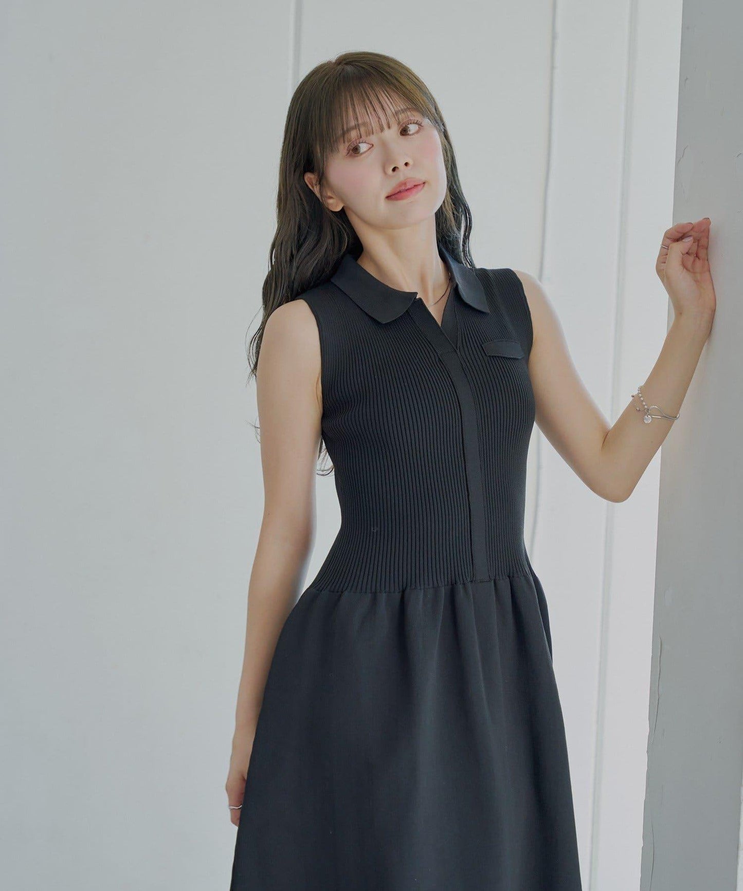 Chico 帶領拼接傘擺連衣裙