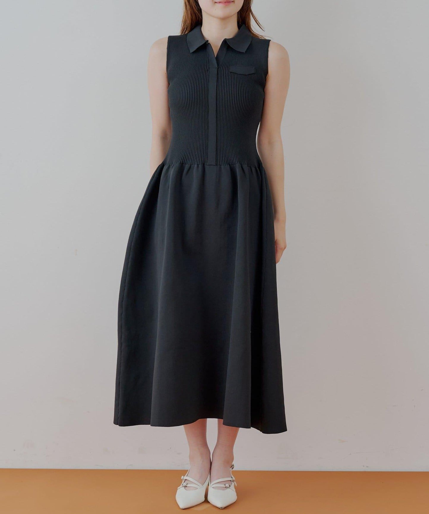 Chico 帶領拼接傘擺連衣裙