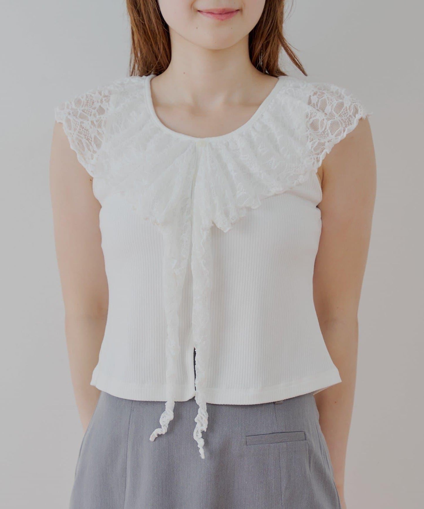 Chico 蕾絲設計 落肩無袖 羅紋T恤