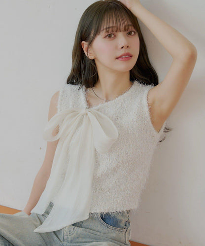 大蝴蝶結絨毛法式針織衫
