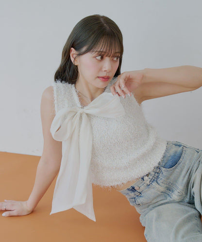 大蝴蝶結絨毛法式針織衫