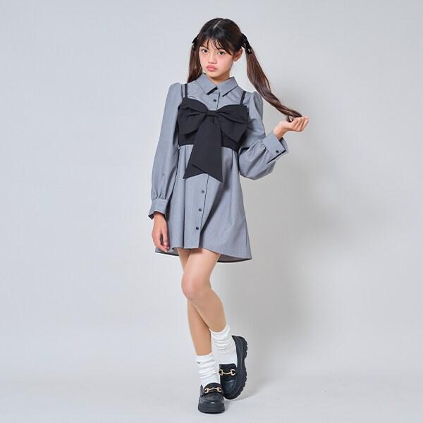 帶蝴蝶結吊帶背心的襯衫連衣裙