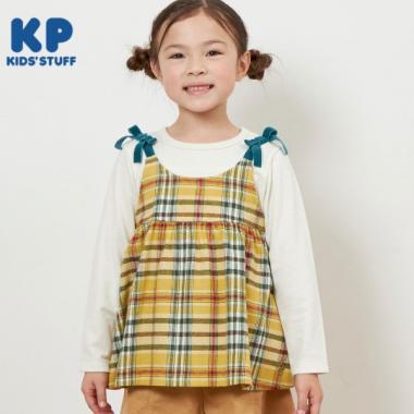 格紋肩帶蝴蝶結拼接長款上衣（80～150）