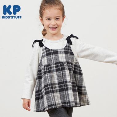 格紋肩帶蝴蝶結拼接長款上衣（80～150）