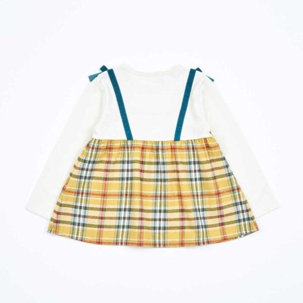 格紋肩帶蝴蝶結拼接長款上衣（80～150）