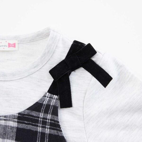 格紋肩帶蝴蝶結拼接長款上衣（80～150）