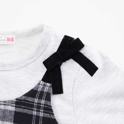 格紋肩帶蝴蝶結拼接長款上衣（80～150）