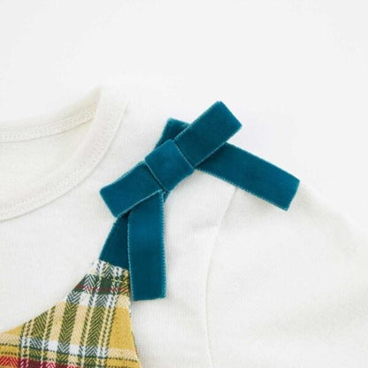 格紋肩帶蝴蝶結拼接長款上衣（80～150）