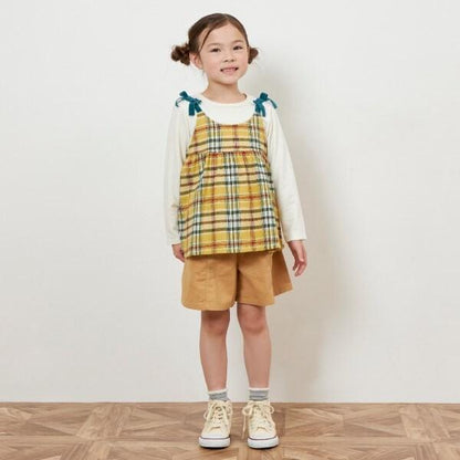 格紋肩帶蝴蝶結拼接長款上衣（80～150）