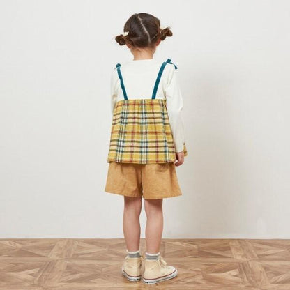 格紋肩帶蝴蝶結拼接長款上衣（80～150）