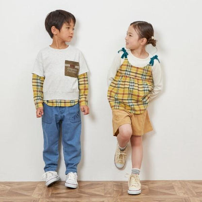 格紋肩帶蝴蝶結拼接長款上衣（80～150）