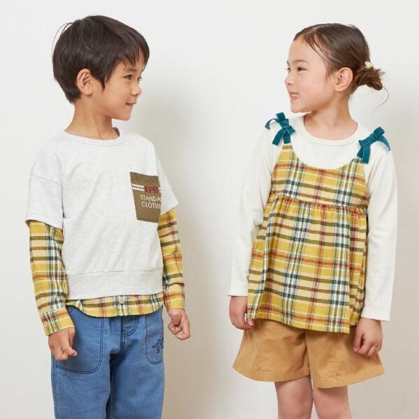 格紋肩帶蝴蝶結拼接長款上衣（80～150）