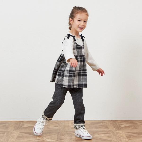 格紋肩帶蝴蝶結拼接長款上衣（80～150）