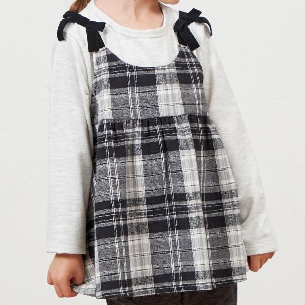 格紋肩帶蝴蝶結拼接長款上衣（80～150）