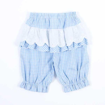 兔子圖案蕾絲後荷葉邊六分格子褲