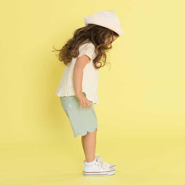 荷葉邊剪裁彈力府綢五分褲(90)