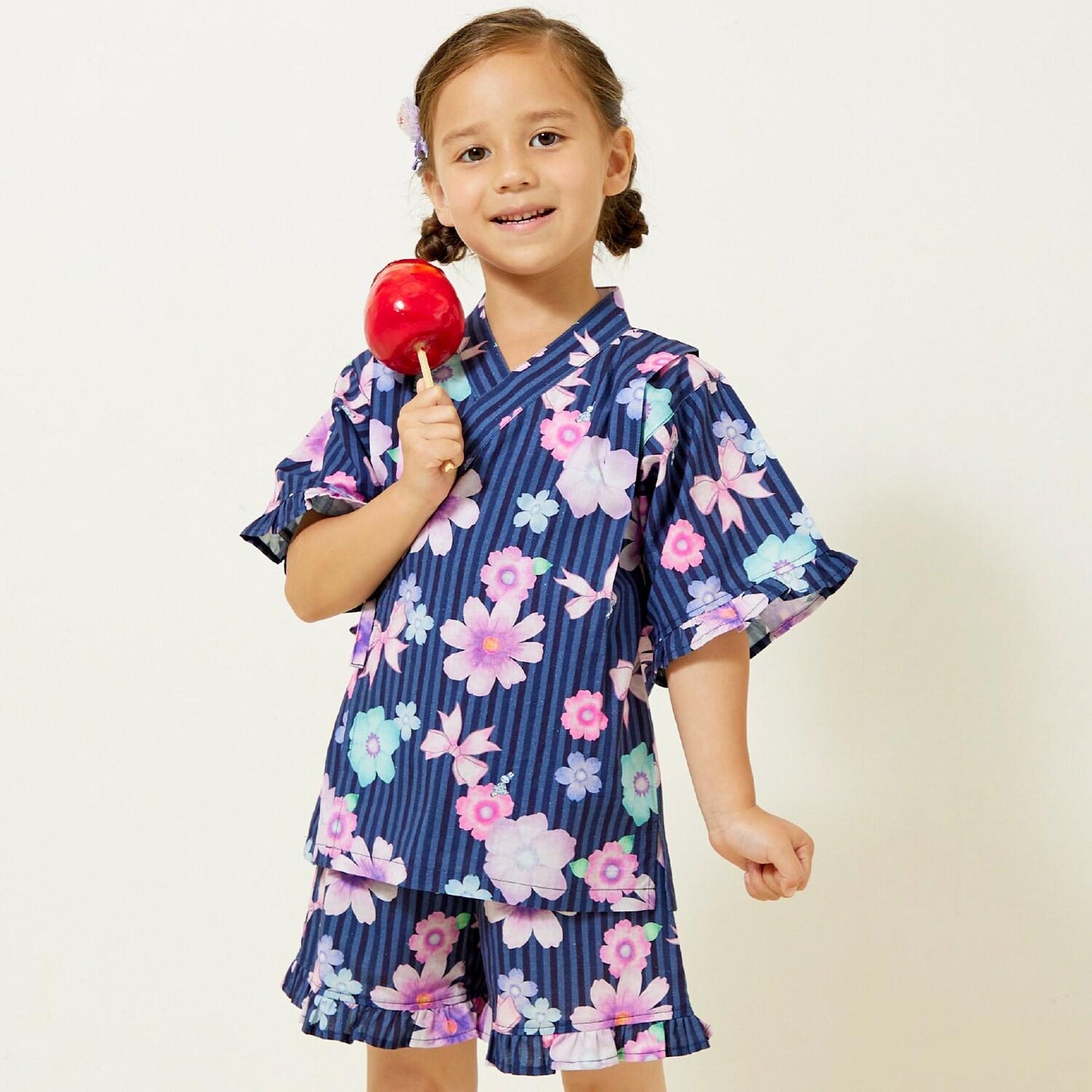 甚平 條紋×花蝴蝶結圖案