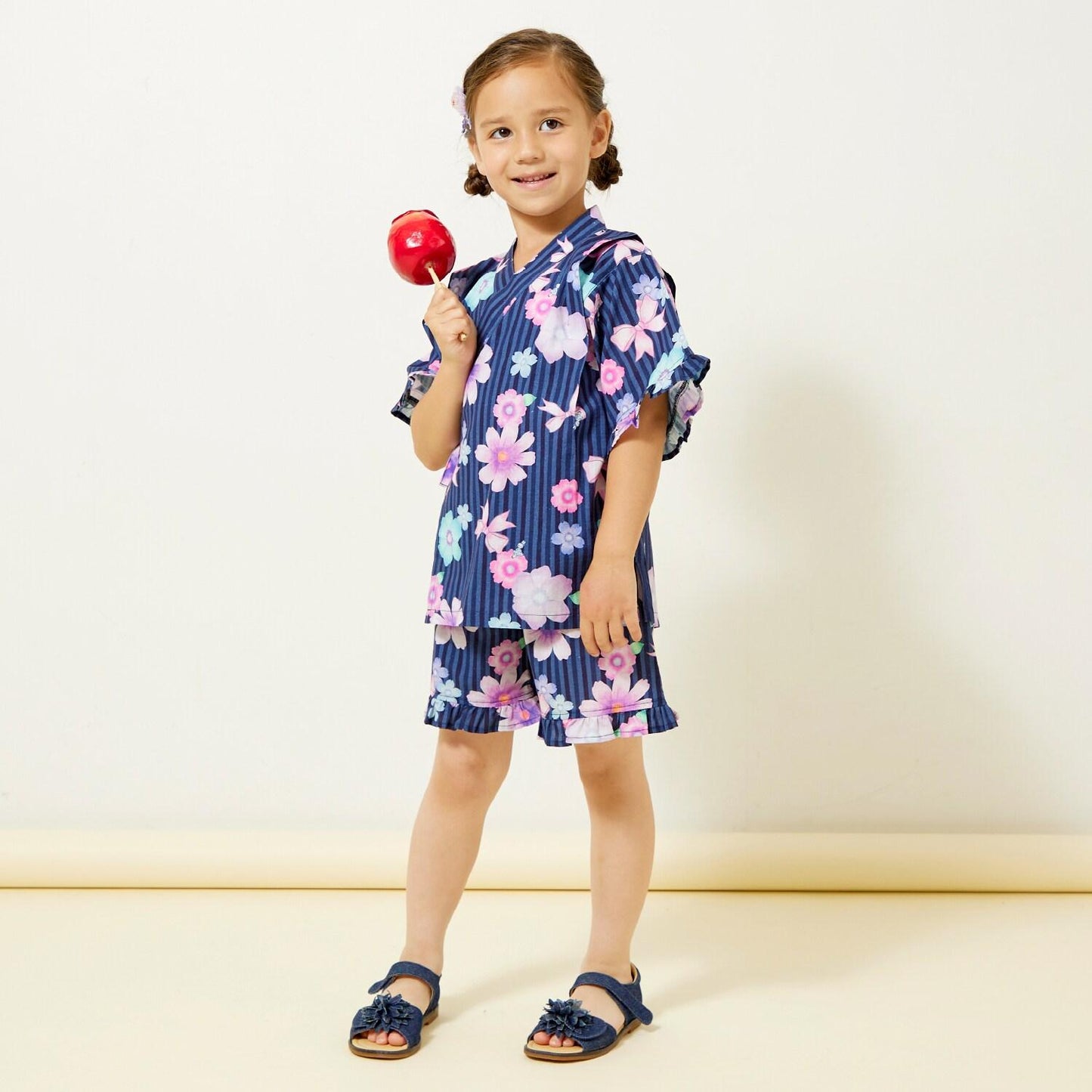 甚平 條紋×花蝴蝶結圖案