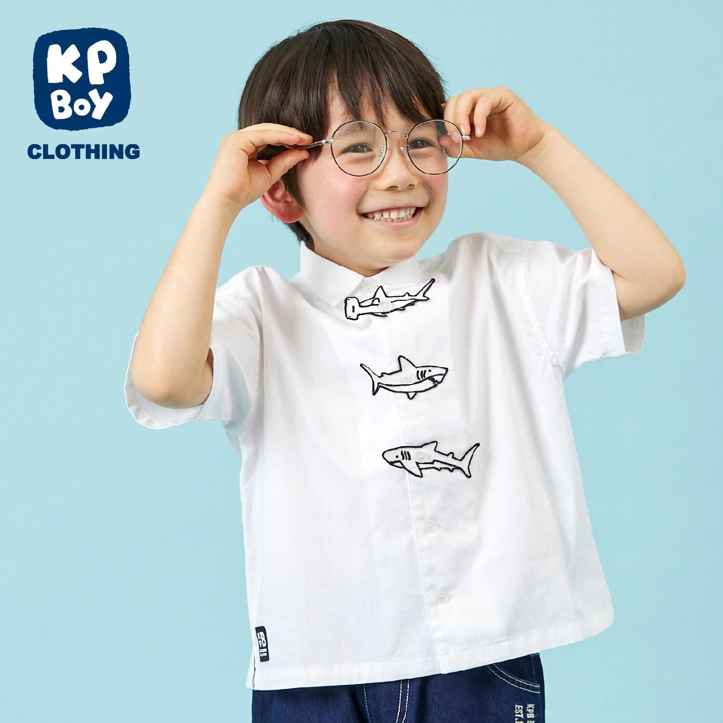 鯊魚刺繡貼布牛津紡短袖襯衫