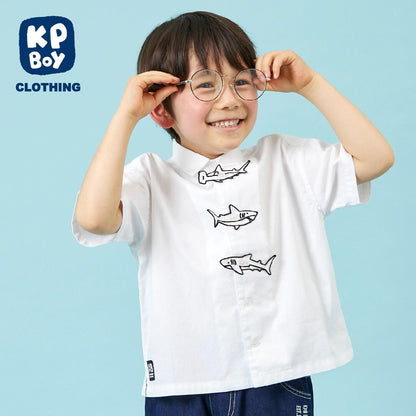鯊魚刺繡貼布牛津紡短袖襯衫