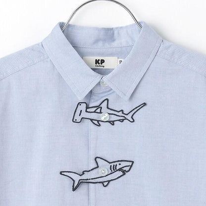 鯊魚刺繡貼布牛津紡短袖襯衫