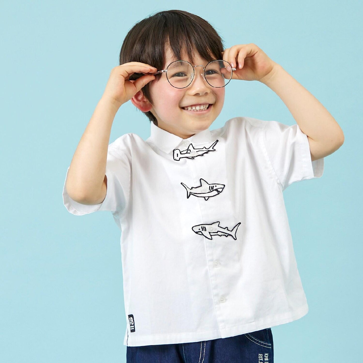 鯊魚刺繡貼布牛津紡短袖襯衫