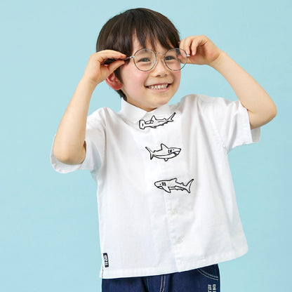 鯊魚刺繡貼布牛津紡短袖襯衫