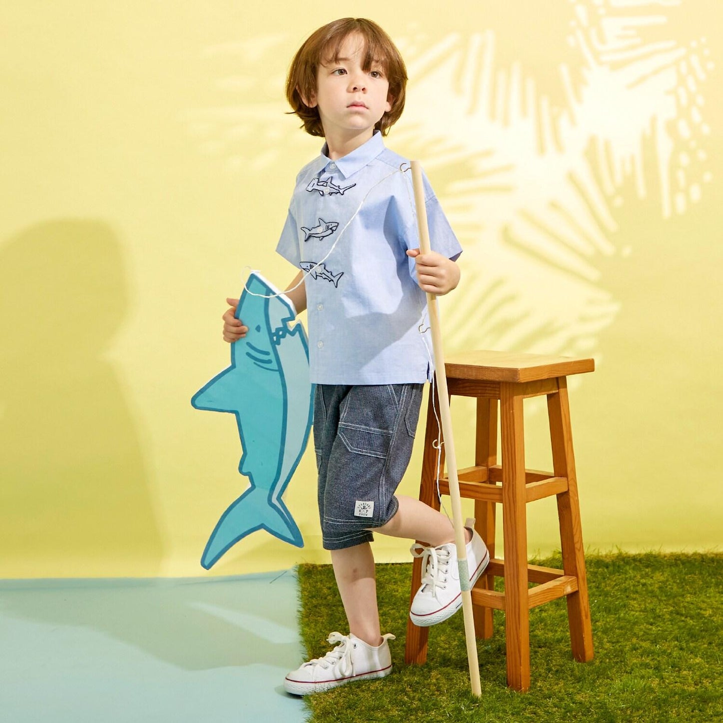 乾爽網眼牛仔風印花五分褲