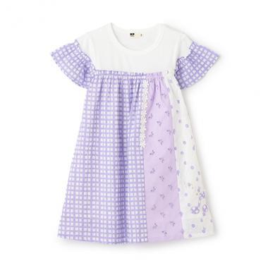 棉質印花拼接蕾絲豎拼接連衣裙