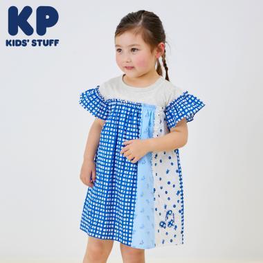 棉質印花拼接蕾絲豎拼接連衣裙