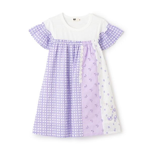 棉質印花拼接蕾絲豎拼接連衣裙