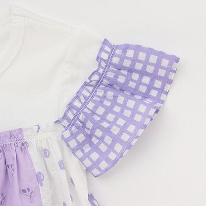 棉質印花拼接蕾絲豎拼接連衣裙