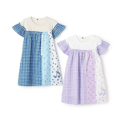 棉質印花拼接蕾絲豎拼接連衣裙