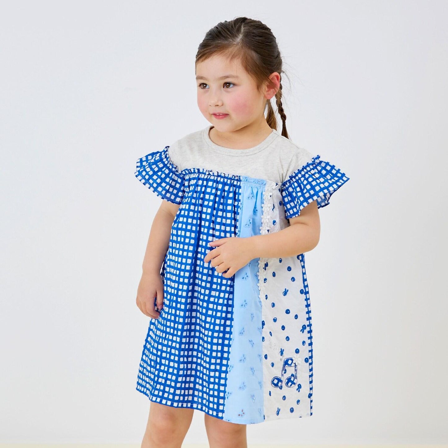 棉質印花拼接蕾絲豎拼接連衣裙