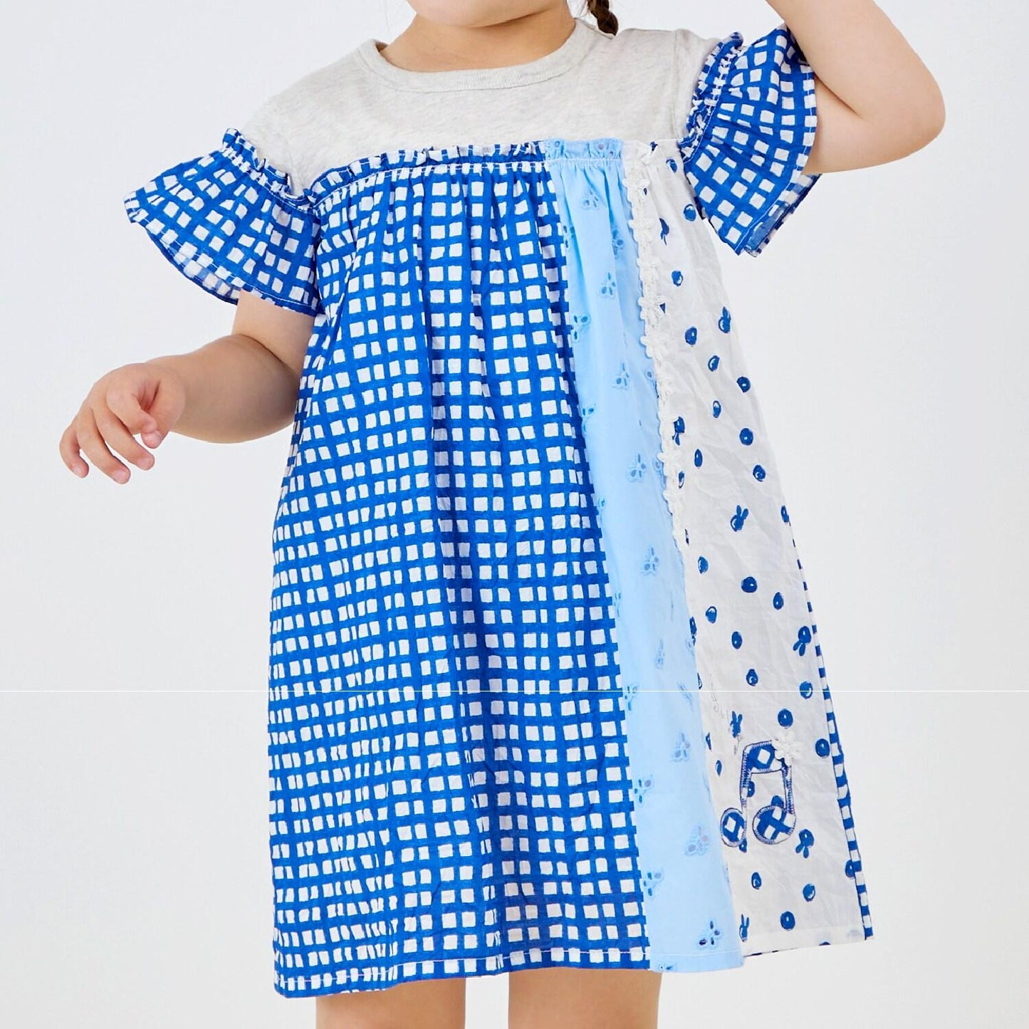 棉質印花拼接蕾絲豎拼接連衣裙