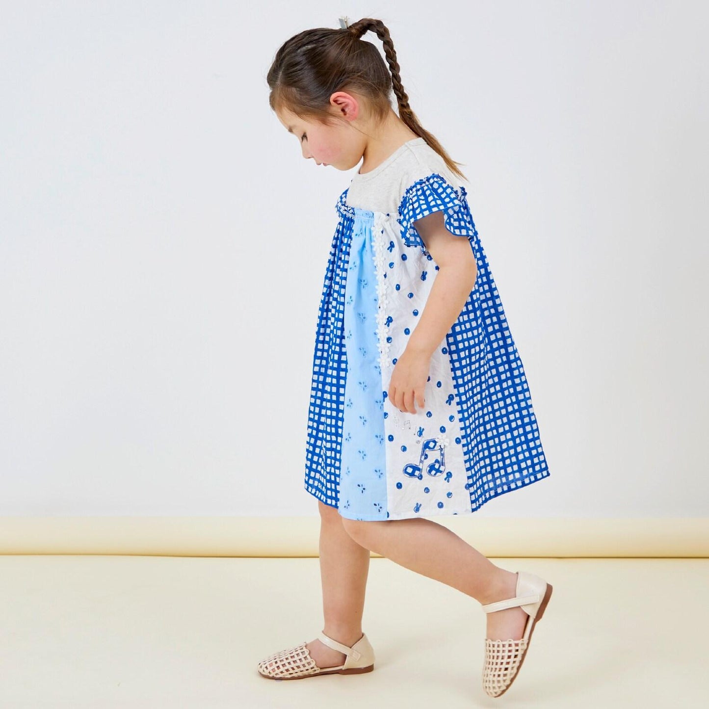 棉質印花拼接蕾絲豎拼接連衣裙