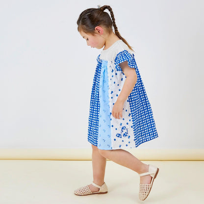 棉質印花拼接蕾絲豎拼接連衣裙