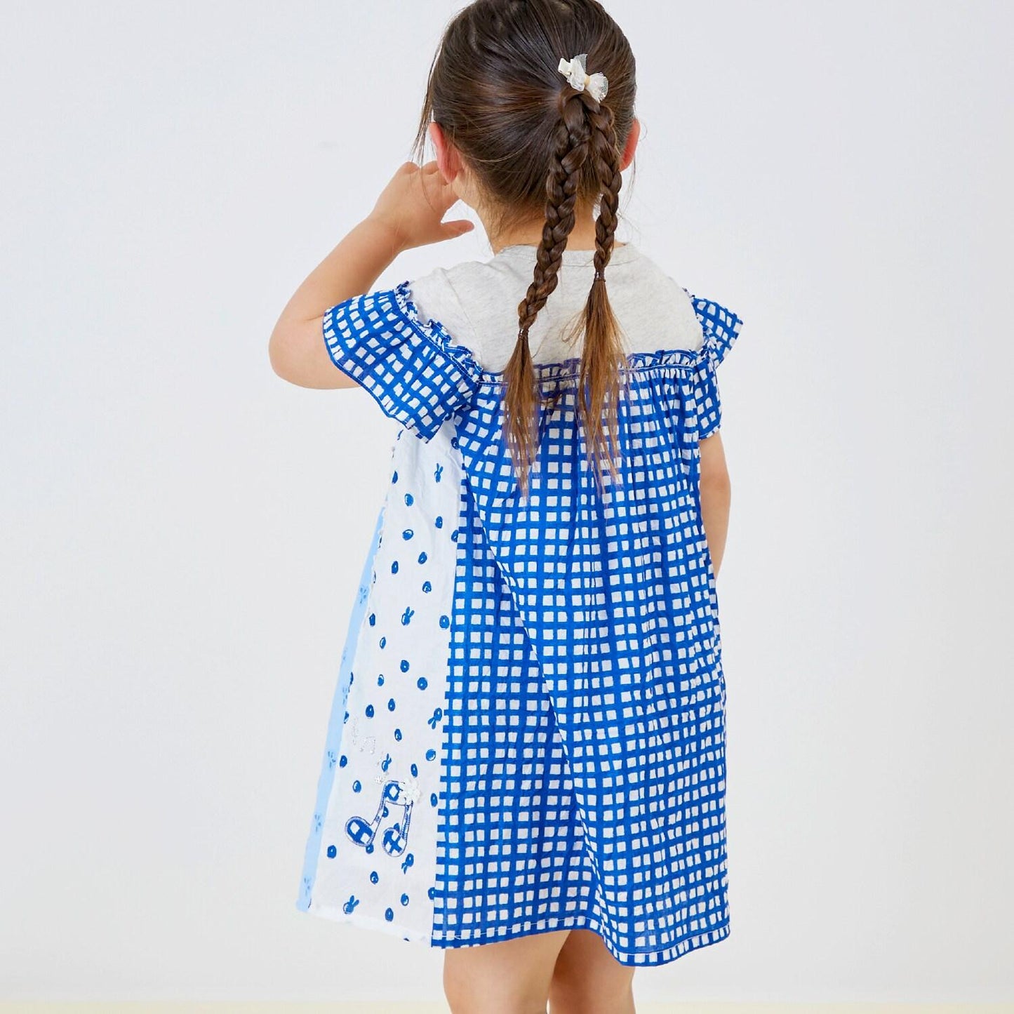 棉質印花拼接蕾絲豎拼接連衣裙