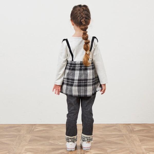 格紋肩帶蝴蝶結拼接長款上衣（80～150）