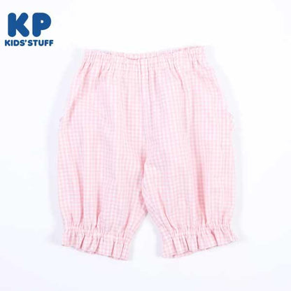 兔子圖案蕾絲後荷葉邊六分格子褲