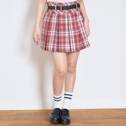 【GOODPRICE】附腰帶格紋百褶裙